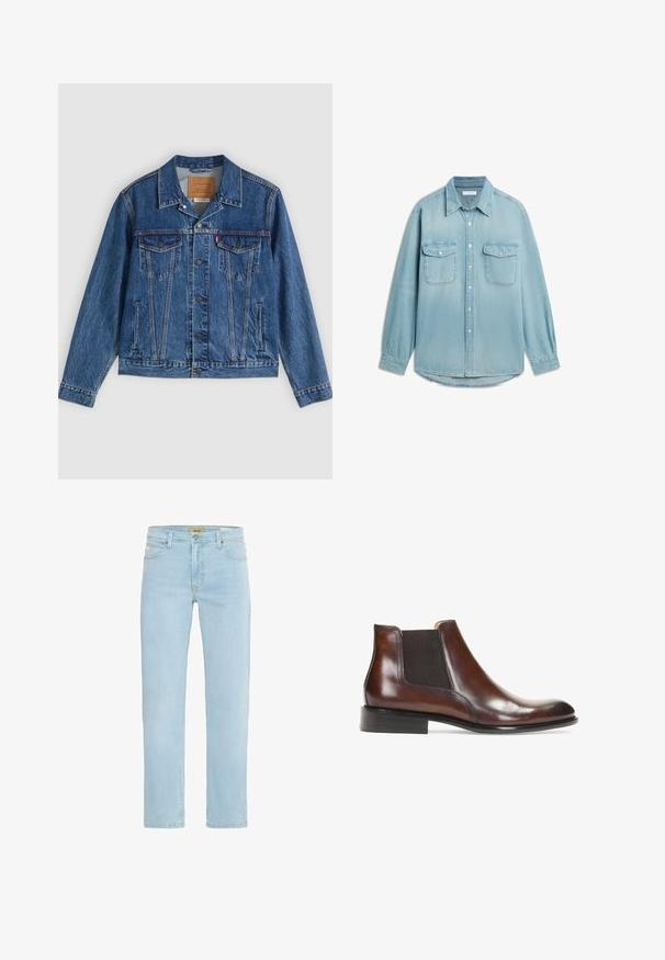 Jeansjacke in Blau mit klassischem Design, ausgestattet mit zwei Brusttaschen, Seitentaschen und metallischen Knöpfen. Markante Steppnähte.; Hellblaues Denim-Hemd mit langen Ärmeln, zwei Brustklappentaschen, Knopfleiste vorne und spitzem Kragen.; Hellblaue Denim-Jeans mit geradem Schnitt, traditionellem Fünf-Taschen-Design sowie einem Messingknopf und Reißverschlussverschluss vorne.; Braune Leder-Stiefelette mit elastischen Seiteneinsätzen, glatter Oberfläche, genähten Details und einem niedrigen rechteckigen Absatz.