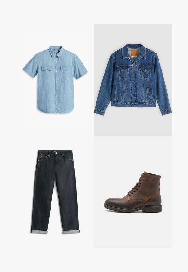 Denimjakke i blå med et klassisk design, der har to brystlommer, sidelommer og metalliske knapper. Karakteristiske syningdetaljer.; Lyseblå kortærmet skjorte med knaplukning lavet af denim, med to brystlommer med lodret syning og en klassisk krave.; Mørkeblå denimjeans med opsmøgede bukseben, fem lommer og kontrastsyning, lagt fladt på en hvid baggrund.; Jack & Jones JFWDELANEY BOOT - Snørestøvletter - cognac