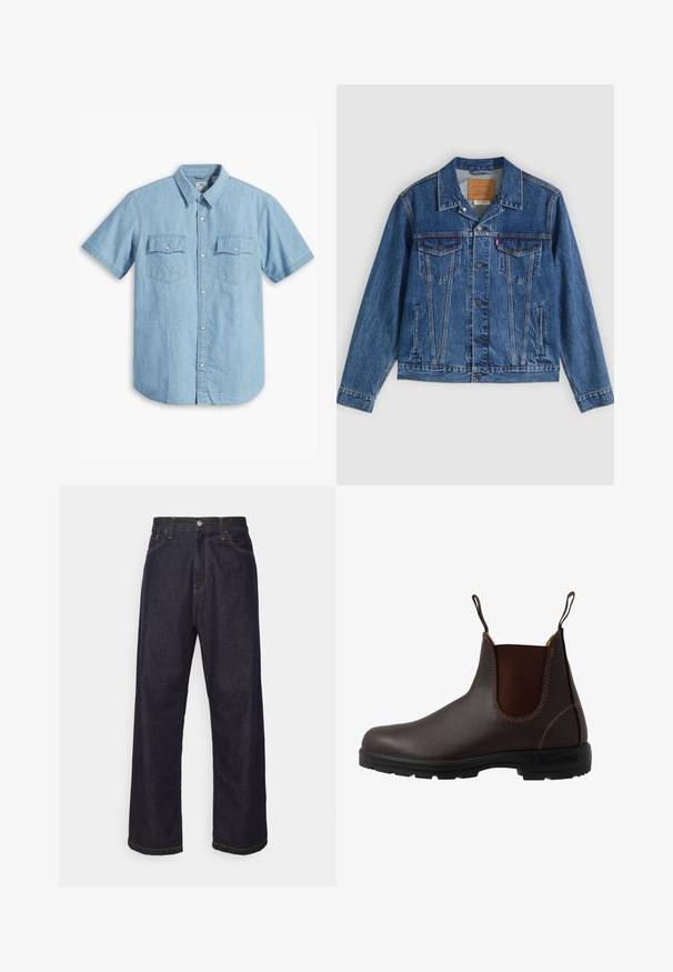 Denim jacket in blue with a classic design, featuring two chest pockets, side pockets, and metallic buttons. Distinctive stitching details.; Light blue short-sleeve button-up shirt made of denim, featuring two chest pockets with vertical stitching and a classic collar.; Dark blue straight-leg denim jeans with yellow stitching, front button, zipper fly, and five-pocket design.; Brown leather Chelsea boot with elastic side panel, brown stitching, pull tabs, and a durable rubber sole featuring a textured pattern.