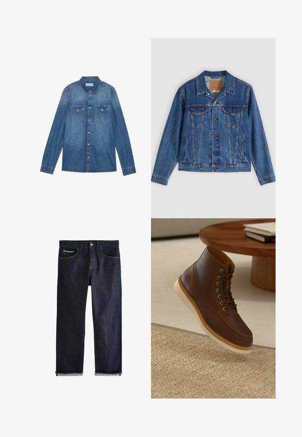 Denimjakke i blå med et klassisk design, der har to brystlommer, sidelommer og metalliske knapper. Karakteristiske syningdetaljer.; Mørkeblå denimskjorte med lange ærmer, klassisk krave, knaplukning fortil, to brystlommer og kontrasterende stiklinger på sømmene.; Mørkeblå denimjeans med en klassisk lige pasform, der har fem lommer, knaplukning og op rullede manchetter, som viser en lys blå foring.; Brune læderankelstøvle med beige sål på et struktureret beige tæppe ved siden af et rundt træbord med stakke af bøger.
