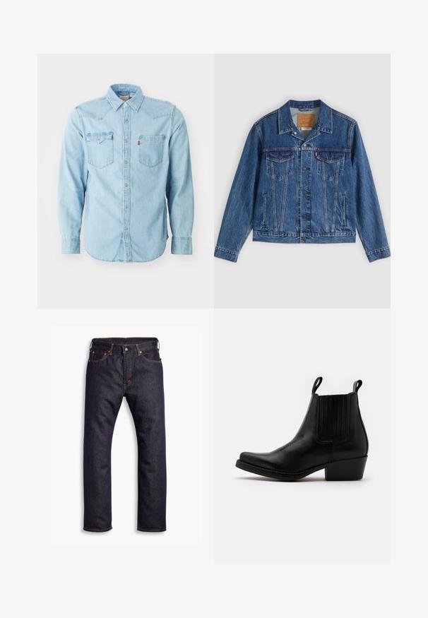 Denimjakke i blå med et klassisk design, der har to brystlommer, sidelommer og metalliske knapper. Karakteristiske syningdetaljer.; Lys blå denim skjorte med lange ærmer, spids krave, to brystlommer, sølvnapsknapper og kontrastsyninger. Glat tekstur.; Mørkeblå lige ben denim jeans med fem lommer og orange kontrastsyning, lagt fladt ud mod hvid baggrund.; Kentucky's Western Cowboy- / bikerstøvlette - black