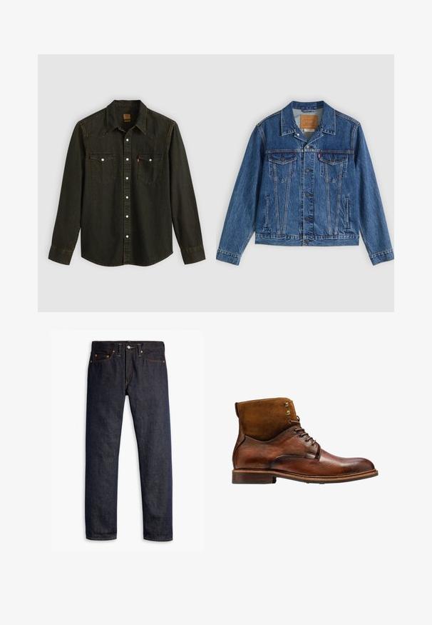 Jeansjacke in Blau mit klassischem Design, ausgestattet mit zwei Brusttaschen, Seitentaschen und metallischen Knöpfen. Markante Steppnähte.; Schwarzes Jeanshemd mit langen Ärmeln, spitzem Kragen, zwei Brusttaschen, silbernen Knöpfen und gelben Nähtelementen. Klassisches Western-Design.; Dunkelblaue Jeans aus Denim mit geradem Schnitt, fünf Taschen-Design, kupfernen Nieten, gelben Nähten und einem ausgeprägten strukturierten Stoff.; Kazar ALID - Schnürstiefelette - brown