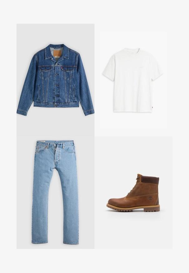 Veste en jean bleue au design classique, comportant deux poches poitrine, des poches latérales et des boutons métalliques. Détails de coutures distinctifs.; T-shirt en coton blanc à manches courtes, col rond, avec un logo "Levi's" discret imprimé en couleur claire sur le devant.; Jean en denim droit bleu clair avec fermeture à boutons, passants de ceinture, et poches avant et arrière, présenté sur un fond blanc.; Botte de randonnée en cuir marron avec une finition lisse, cheville rembourrée, œillets en métal et semelle en caoutchouc dotée d'un motif de crampons robuste.