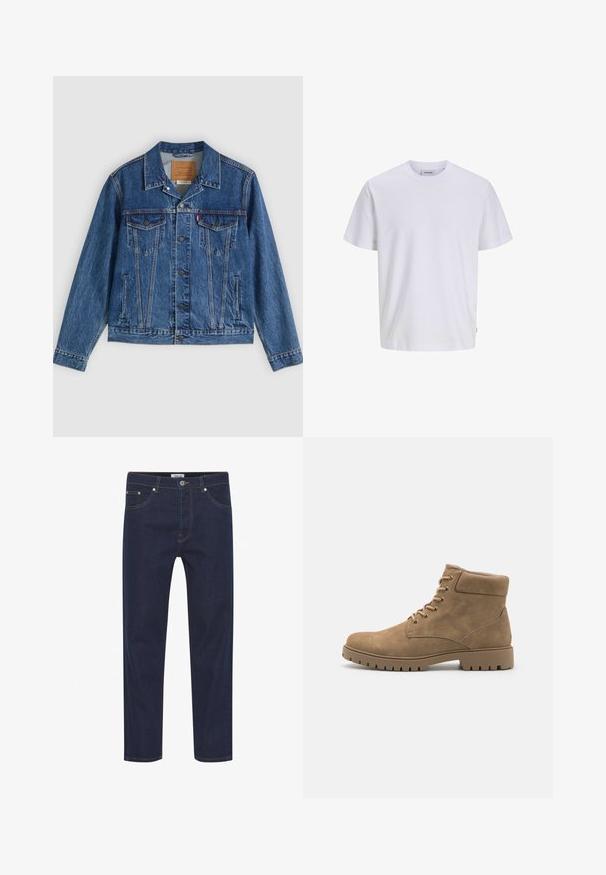 Jeansjacke in Blau mit klassischem Design, ausgestattet mit zwei Brusttaschen, Seitentaschen und metallischen Knöpfen. Markante Steppnähte.; Schlichtes weißes T-Shirt mit kurzen Ärmeln und Rundhalsausschnitt, geradem Saum, auf weißem Hintergrund dargestellt.; Dunkelblaue Jeans mit geradem Schnitt, versehen mit heller Stickerei, fünf Taschen und einem Knopfverschluss an der Taille. Glatte Textur.; Beige Wildlederschuhe mit einer abgerundeten Zehenpartie, gepolstertem Schaft, sechs Paar Ösen und einer dicken Gummisohle mit geriffelter Struktur.
