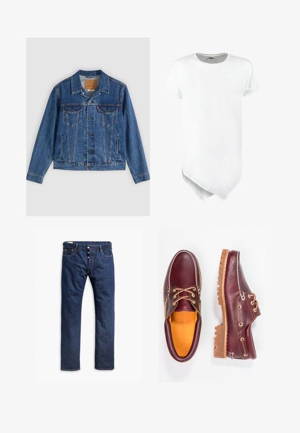 Denimjakke i blå med et klassisk design, der har to brystlommer, sidelommer og metalliske knapper. Karakteristiske syningdetaljer.; Kortærmet hvid t-shirt med rund halsudskæring og en asymmetrisk nederste kant, lavet af bomuldsblanding med en glat tekstur.; Mørkeblå denim jeans med lige ben, kontrastsyninger, knappelukning og fem lomme-stil.; Bordeaux lædersko med brune gummisåler, rund tå, hvid syning og gyldne snøringer. Indersiden har et gult for.