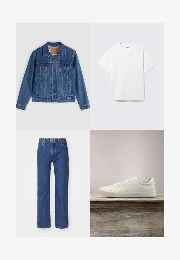 Denimjakke i blå med et klassisk design, der har to brystlommer, sidelommer og metalliske knapper. Karakteristiske syningdetaljer.; Hvid kortærmet crewneck T-shirt lagt fladt ud, ensfarvet design, med "WEEKDAY" mærkat inde i kraven på en lys baggrund.; Straight-leg blå denim jeans med frontknap, lynlås, bæltestropper og fem-lomme design på en ensfarvet hvid baggrund.; Hvide snørresneakers svævende over en træbænk med grønne planter i baggrunden, der fremhæver skodesign og tekstur.
