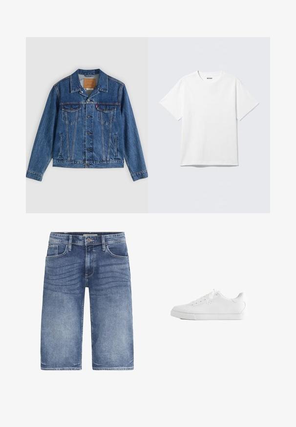 Denimjakke i blå med et klassisk design, der har to brystlommer, sidelommer og metalliske knapper. Karakteristiske syningdetaljer.; Hvid kortærmet crewneck T-shirt lagt fladt ud, ensfarvet design, med "WEEKDAY" mærkat inde i kraven på en lys baggrund.; Lette blå denimshorts med klassisk snit, fem lommer, knaplukning og subtilt slid foran for tekstur.; Hvid lavtop sneakers med snørebånd, glat læderoverdel og flad gummiå sole set fra siden på en hvid baggrund.