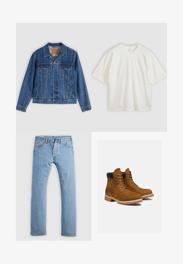 Veste en jean bleue au design classique, comportant deux poches poitrine, des poches latérales et des boutons métalliques. Détails de coutures distinctifs.; T-shirt blanc à manches courtes en coton. Col rond, coupe décontractée, marquage discret sur la poitrine et une étiquette rouge à l'ourlet.; Jean en denim droit bleu clair avec fermeture à boutons, passants de ceinture, et poches avant et arrière, présenté sur un fond blanc.; Bottines en daim marron avec un col rembourré noir, œillets dorés et semelle en caoutchouc épais avec un motif à crampons pour l'adhérence.