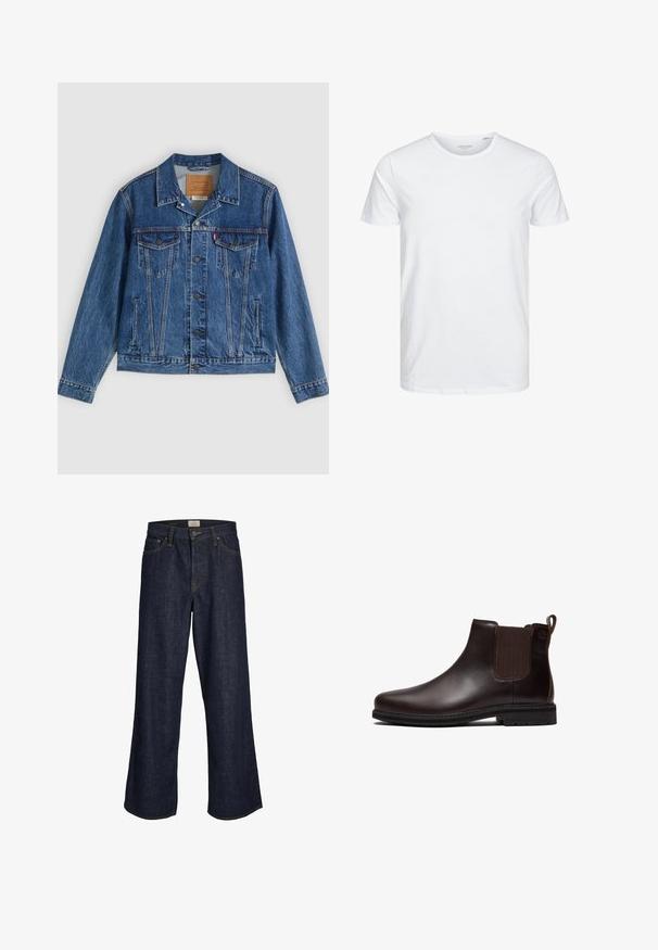 Denimjakke i blå med et klassisk design, der har to brystlommer, sidelommer og metalliske knapper. Karakteristiske syningdetaljer.; Rundhals kortærmet t-shirt i ensfarvet hvid, lavet af blød bomuld, har et simpelt design uden synlige mønstre eller detaljer.; Mørkeblå brede jeans lavet af denim, med en frontlynlås, fem lommer og kontraststikninger. Enderne er råskåret.; Mørkebrune læder Chelsea-støvler med elastisk sidestykke, trækstrop ved hælen og sort gummisål, vist i sideprofil.