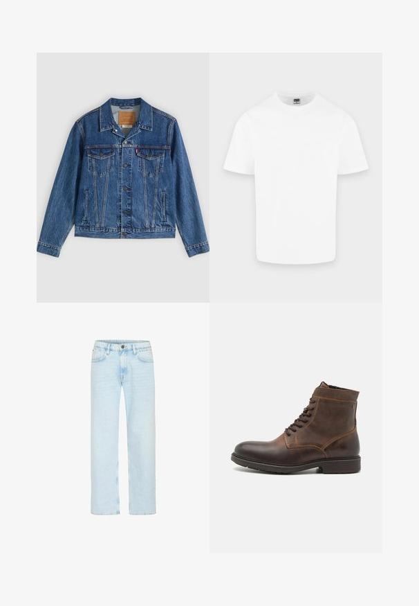 Jeansjacke in Blau mit klassischem Design, ausgestattet mit zwei Brusttaschen, Seitentaschen und metallischen Knöpfen. Markante Steppnähte.; Schlichtes weißes Baumwoll-T-Shirt mit kurzen Ärmeln und Rundhalsausschnitt, dargestellt auf hellem grauem Hintergrund.; Hellblaue Denim-Jeans weisen ein gerades Bein Design mit einem klassischen Knopfverschluss, fünf Taschen und subtilen Ausbleichungen für zusätzliche Textur auf.; Jack & Jones JFWDELANEY BOOT - Schnürstiefelette - cognac