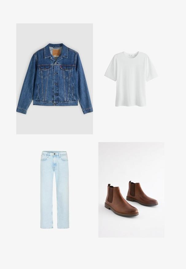 Chaqueta vaquera azul con un diseño clásico, que cuenta con dos bolsillos en el pecho, bolsillos laterales y botones metálicos. Detalles distintivos de costura.; Camiseta de algodón blanca lisa de manga corta y cuello redondo, talla mediana, mostrada sobre un fondo blanco.; Los jeans de denim azul claro cuentan con un diseño de pierna recta, con un cierre de botón clásico, cinco bolsillos y un ligero desgastado para aportar textura.; Botas de cuero marrón hasta el tobillo con paneles elásticos laterales, punta redondeada y tacón apilado. Textura suave con acentos marrones contrastantes.