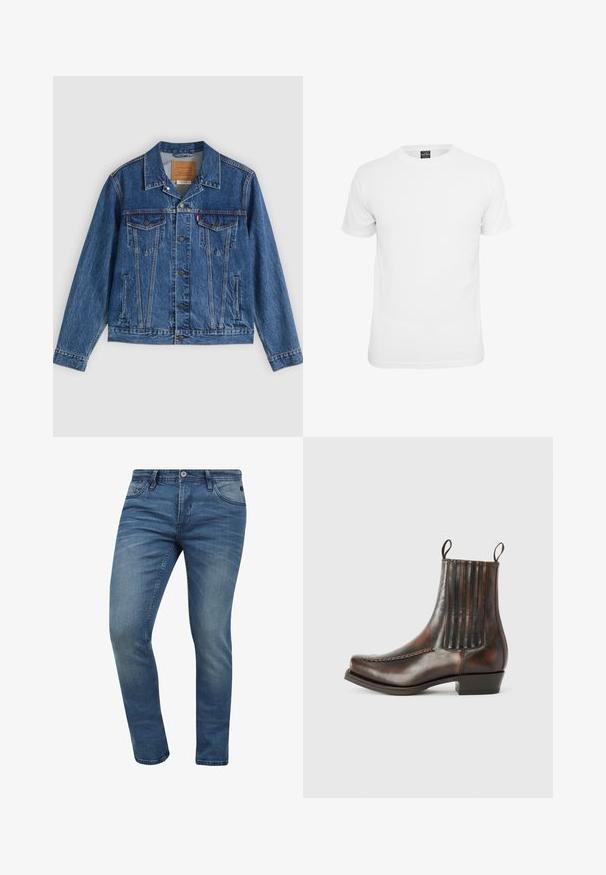 Denimjakke i blå med et klassisk design, der har to brystlommer, sidelommer og metalliske knapper. Karakteristiske syningdetaljer.; Hvid kortærmet t-shirt, lavet af bomuld, med en klassisk rund hals og en glat tekstur, designet til afslappet brug.; Tætsiddende blå denim jeans med en falmet vask, fem lomme-design og lukning med metalknap. Stoffet har en let tekstur og syninger.; Brun læder ankelstøvle med en glat overflade, elastiske sidepaneler, en rund tå, dekorativ syning og en lav blokhæl.