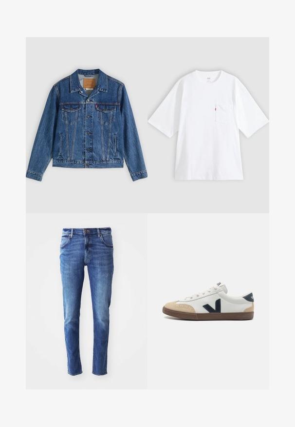 Denimjakke i blå med et klassisk design, der har to brystlommer, sidelommer og metalliske knapper. Karakteristiske syningdetaljer.; Hvid bomulds-T-shirt med korte ærmer, rund hals og lomme på venstre bryst. Har en lille rød logoetiket på lommen.; Blå denim jeans med slim fit, fem-lomme design og let falming. Har en mærke-knap og lynlåslukning.; Hvide lædersneakers med beige tåhætte, navy lateral "V" logo og brun gummisål. Har runde snørebånd og teksturerede detaljer.