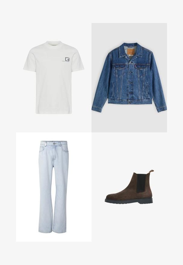 Veste en jean bleue au design classique, comportant deux poches poitrine, des poches latérales et des boutons métalliques. Détails de coutures distinctifs.; T-shirt en coton blanc avec un col rond et des manches courtes. Présente un logo graphique bleu marine et du texte sur la partie gauche de la poitrine.; Jean en denim bleu clair taille haute avec poches avant, fermeture par boutons et jambes légèrement évasées sur fond blanc.; Selected SLHTIM CHELSEA BOOT - Bottines - demitasse