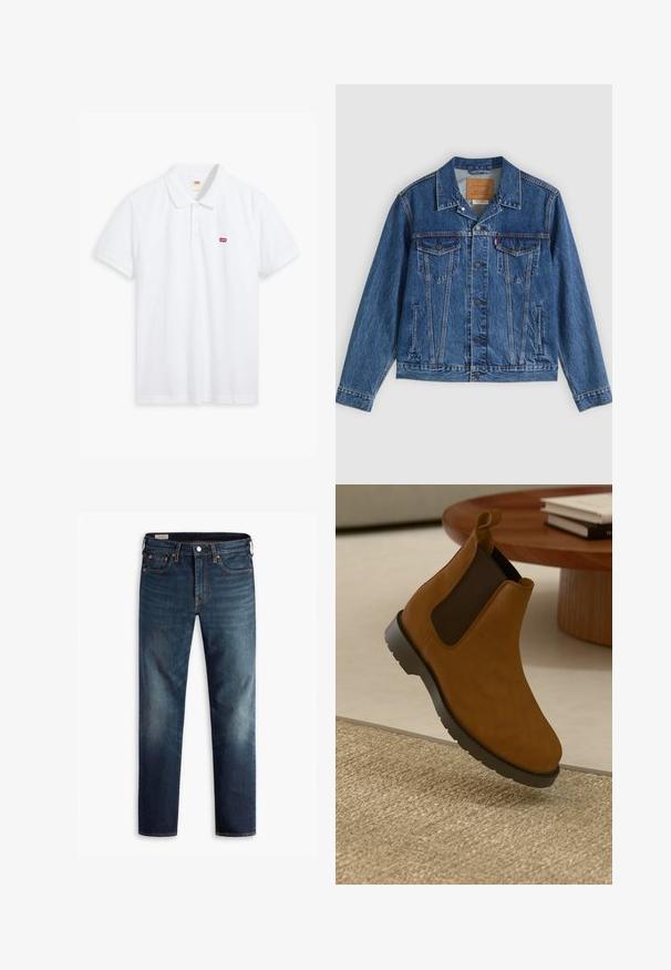 Spijkerjasje in blauw met een klassiek ontwerp, voorzien van twee borstzakken, zijzakken en metalen knopen. Kenmerkende stiksel-details.; Witte polo shirt van katoen. Voorzien van een drie-knopen sluiting, korte mouwen en een klein rood Levi's logo op de linkerborst.; Donkerblauwe denim jeans met een rechte pasvorm, vijf zakken en koperen hardware-accenten. Vervaagde gebieden op de broekspijpen zorgen voor een contrast in textuur.; Bruine leren Chelsea-boots met zwarte elastische zijpanelen, een ronde neus, een getextureerde rubberen zool en een kleine trekband aan de achterkant.