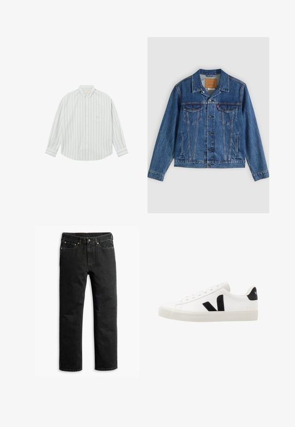 Veste en jean bleue au design classique, comportant deux poches poitrine, des poches latérales et des boutons métalliques. Détails de coutures distinctifs.; Chemise blanche à manches longues avec des rayures verticales gris clair et une poche poitrine, présentée à plat sur fond blanc.; Jean en denim noir à jambe droite avec cinq poches, passants de ceinture et fermeture par bouton à la taille, disposé à plat sur un fond blanc.; Sneaker blanche en cuir avec des accents en daim noir ; dispose d'une semelle en caoutchouc, d'un bout rond et d'un design classique à lacets. Logo latéral en noir.