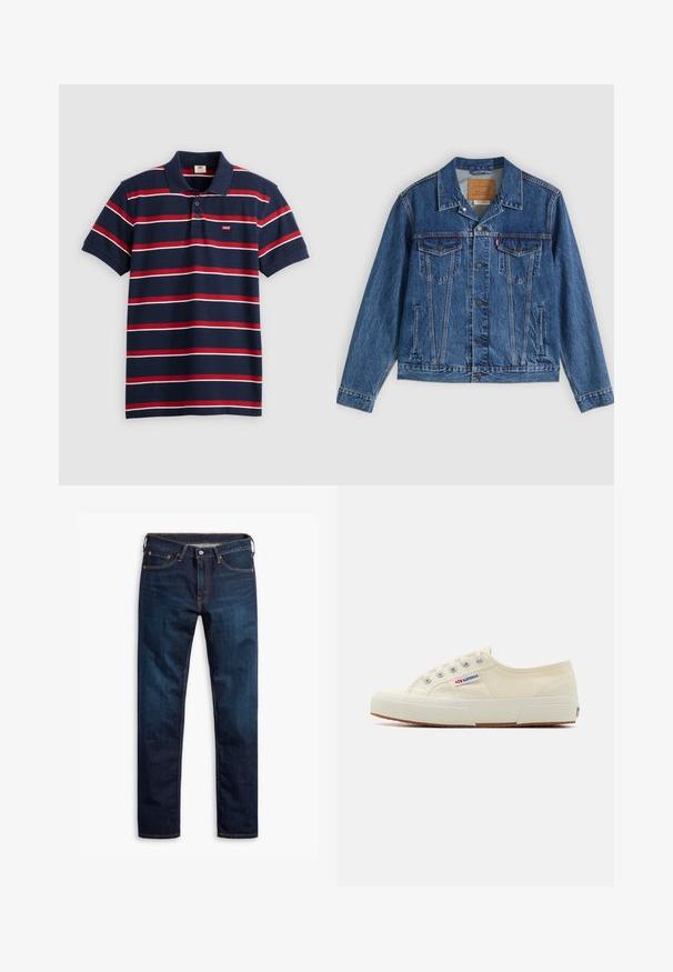 Veste en jean bleue au design classique, comportant deux poches poitrine, des poches latérales et des boutons métalliques. Détails de coutures distinctifs.; Polo shirt bleu marine avec des rayures horizontales rouges et blanches, col à trois boutons et petit logo Levi's sur la poitrine. Matière en coton doux.; Jean en denim bleu foncé avec une coupe droite, des coutures orange, cinq poches et une taille boutonnée.; Baskets en toile beige au design épuré, œillets en métal et semelle en caoutchouc. Présente un motif texturé et un détail de logo sur le côté.