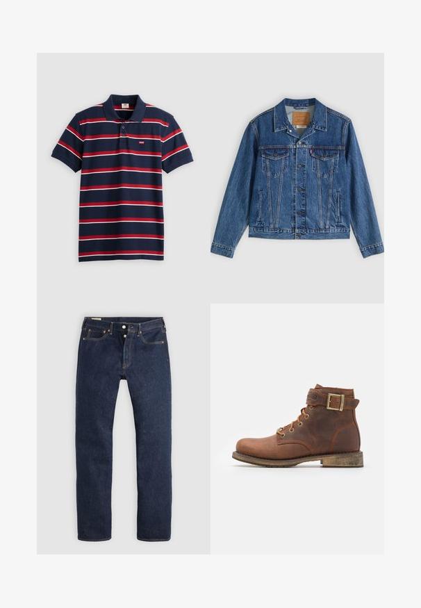 Jeansjacke in Blau mit klassischem Design, ausgestattet mit zwei Brusttaschen, Seitentaschen und metallischen Knöpfen. Markante Steppnähte.; Navyblaues Poloshirt mit rot-weißen horizontalen Streifen, drei Knöpfen am Kragen und kleinem Levi's-Logo auf der Brust. Aus weichem Baumwollmaterial.; Dunkelblaue Jeans mit geradem Bein, Knopfleiste, Vorder- und Gesäßtaschen sowie kontrastierender Naht, flach auf hellem Hintergrund liegend.; Harley Davidson VNTGMOTO SHORT RIDING APPROVED - Cowboy-/Bikerstiefelette - brown