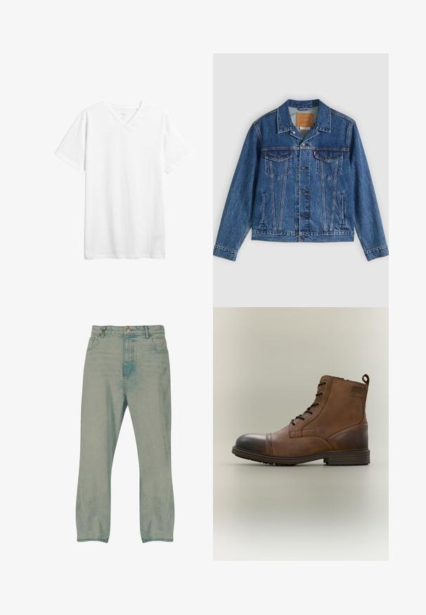 Jeansjacke in Blau mit klassischem Design, ausgestattet mit zwei Brusttaschen, Seitentaschen und metallischen Knöpfen. Markante Steppnähte.; Weißes kurzärmliges V-Ausschnitt-T-Shirt aus Baumwolle. Verfügt über einen lässigen Schnitt und eine glatte Textur ohne sichtbare Muster oder Grafiken.; Hellblaue Jeans mit geradem Bein, auf der Vorderseite mit Knöpfen, Gürtelschlaufen und vorderen Taschen, vor weißem Hintergrund präsentiert.; Brauner Leder-Schnürstiefel bis zum Knöchel mit schwarzer Zehenkappe, runder Sohle und Markenlabel an der Seite vor schlichtem Hintergrund.