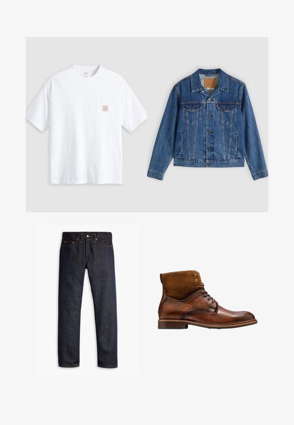 Jeansjacke in Blau mit klassischem Design, ausgestattet mit zwei Brusttaschen, Seitentaschen und metallischen Knöpfen. Markante Steppnähte.; Weißes T-Shirt mit kurzen Ärmeln und Rundhalsausschnitt sowie einer kleinen Brusttasche vorne mit einem beige-roten rechteckigen Label.; Dunkelblaue Jeans aus Denim mit geradem Schnitt, fünf Taschen-Design, kupfernen Nieten, gelben Nähten und einem ausgeprägten strukturierten Stoff.; Kazar ALID - Schnürstiefelette - brown