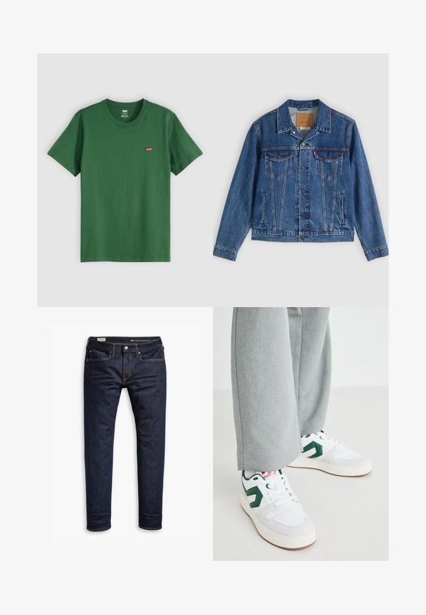 Denimjakke i blå med et klassisk design, der har to brystlommer, sidelommer og metalliske knapper. Karakteristiske syningdetaljer.; Grøn bomulds t-shirt med rund hals, korte ærmer og et lille rødt Levi's-logo på venstre bryst. Blød tekstur, standard pasform.; Mørkeblå denimjeans med slim fit, med orange syninger, fem-lomme design og metalhardware. Glat tekstur, ingen mønstre.; Hvide og grønne sneakers med glat læder og ruskindsmaterialer, der har en fremtrædende grøn logo-accents og hvide snørebånd. Grå bukser er delvist synlige.