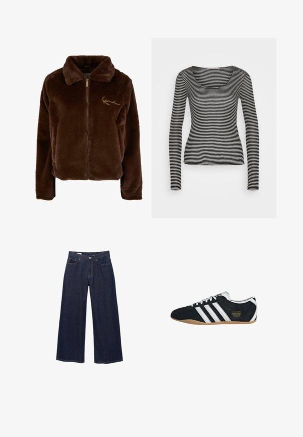 Veste zippée en fausse fourrure marron avec un col chemise et une broderie de logo doré sur la poitrine. Texture douce, coupe courte et manches longues.; Anna Field T-shirt à manches longues - black/beige; Jean en denim bleu foncé à jambes larges avec poches avant, passants pour ceinture et fermeture à bouton.; Sneakers en suede noir avec trois bandes blanches, logo doré et semelle en caoutchouc marron. Présente un design à lacets à profil bas.