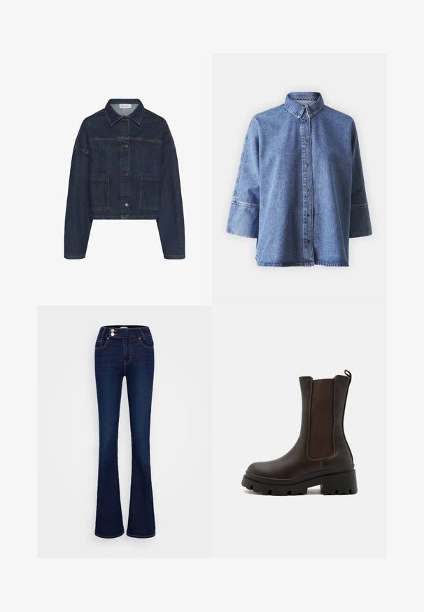 My Essential Wardrobe MWMALLE DECO - Spijkerjas - dark blue un wash; Lichte blauwe denim shirt met lange mouwen, spitse kraag, knopen aan de voorkant en een relaxed fit. Gemaakt van zacht denim materiaal.; Donkerblauwe wijde jeans gemaakt van denim, met een hoge taille, twee voorzakken en een ritssluiting met knoop, afgewerkt met contrasterend stiksel.; Bruine leren enkellaarzen met elastische zijpanelen, stevige rubberen zolen en een trekriem aan de achterkant. Gelaagde afwerking. Robuust ontwerp.