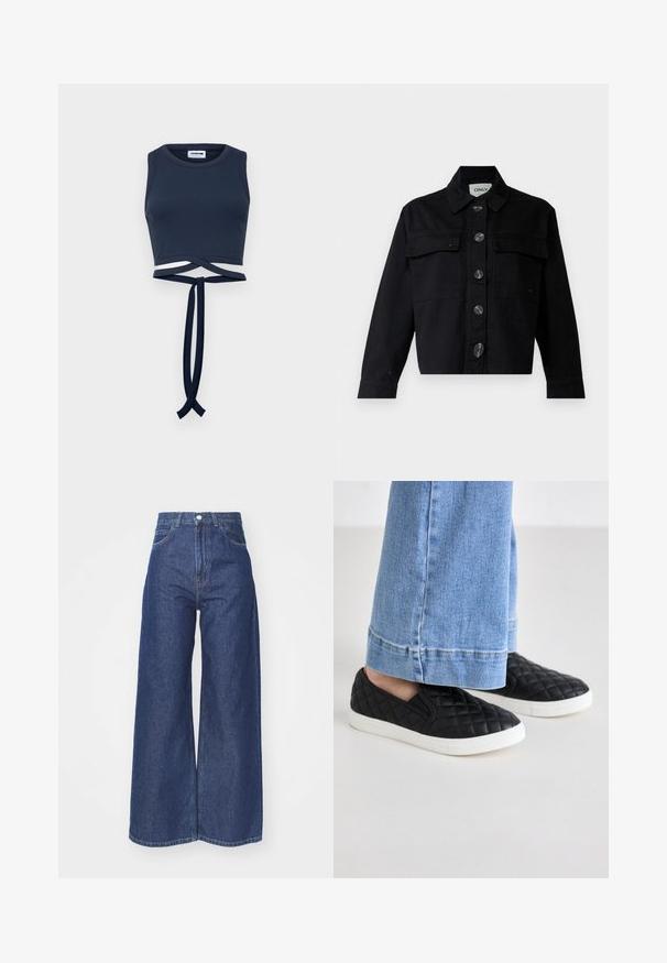 Must värvi denim jakk, millel on klassikaline krae, ees olevad taskud ja suured nööbid. Disain on lühike, pikkade varrukatega ja struktureeritud lõikega.; Tumedat sinine lühikeste varrukatega tank top, mis on valmistatud ribakujulisest kangast, laiad õlavarre rihmad ja kerge sõlm detail vöös.; Laiad püksteotsad tumedast sinisest denimist. Kõrge vöökoht, lukuga ja nööpidega kinnitamine. Omab klassikalist viit taskut ja ääriseid.; Mustad slip-on kingad, millel on tikandiga tekstuur, valge tald ja ümmargune varvas, koos helesiniste laia jala teksadega, mis on lõigatud üle pahkluu.