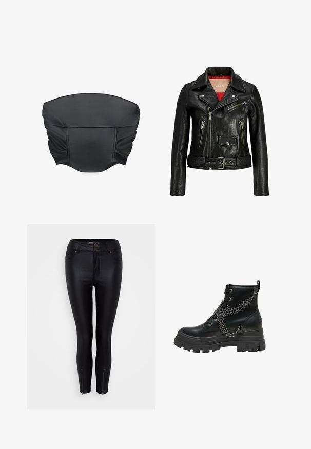 JJXX BIKER JXHOLLY - Læderjakker - black; Sorte faux læder cropped top med sammensat tekstur og en struktureret form, der har en glat overflade og minimale sydetaljer.; Sorte skinny jeans med en skinnende kunstlæderfinish, to frontlommer, dobbeltknaplukning og lynlåse ved anklerne som detalje.; Sort læder kampstøvle med tyk slidbane og dekorativ sølvkæde viklet omkring snørebåndene og ankelområdet.
