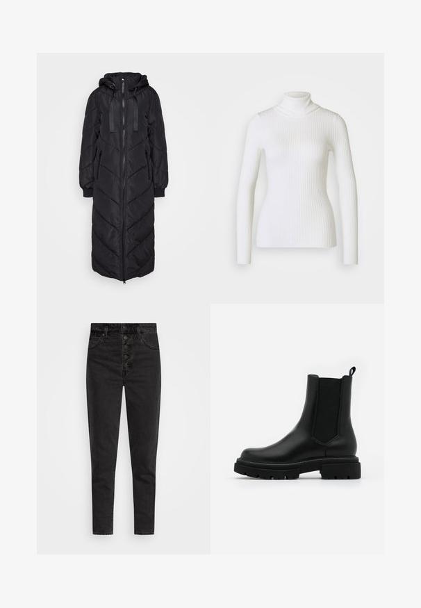 Lang sort dunjakke med hætte, der har en frontlynlås, elastiske manchetter og chevron-syningsmønstre. Glat, quiltet tekstur.; Hvid ribbet turtleneck sweater med lange ærmer, der har en tætsiddende design og blød tekstur. Flad krave og sømløst udseende.; Højtaljede sorte denimjeans med knaplukning, fem lommer og slim fit. Glat tekstur med minimal falmet og uden udsmykninger.; Sorte læder Chelsea-støvler har en glat overflade, elastiske sidetillæg, en løftestang og en kraftig gummisål med en tekstureret slidbane.