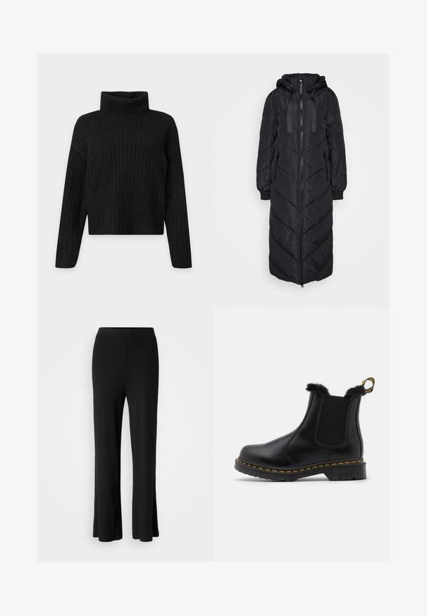 Long manteau matelassé noir avec capuche, doté d'une fermeture éclair à l'avant, de poignets élastiques et de motifs en chevrons. Texture lisse et matelassée.; Pull à col roulé en tricot côtelé noir avec manches longues et coupe légèrement raccourcie sur un fond clair uni.; Pantalons larges noirs à côtes avec une taille élastique lisse et un ourlet évasé. La texture du tissu est douce et extensible, offrant un confort optimal.; Bottes noires en cuir montantes avec des panneaux élastiques texturés sur les côtés, un bord en fourrure en haut, des coutures jaunes et une semelle en caoutchouc robuste.