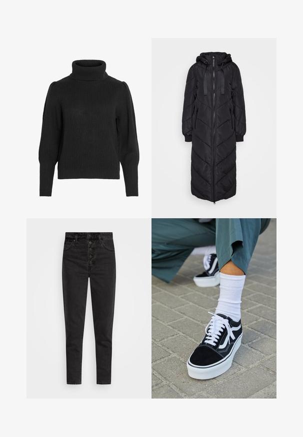 Dlhý čierny zateplený kabát s kapucňou, so zipsom na prednej strane, elastickými manžetami a vzorom v tvare chevronu. Hladká, prešívaná textúra.; Čierny pletený sveter s vysokým, rebrovaným výstrihom. Má spustené ramená a rebrované manžety na dlhých rukávoch, štruktúrovaná tkanina.; Čierne džínsy s vysokým pásom, zapínanie na gombíky, piatimi vreckami a slim fit. Hladká textura s minimálnym blednutím a bez ozdôb.; Čierne semišové tenisky s bielymi akcentmi a šnúrkami, s hrubou bielou podrážkou a kontrastným prešívaním, doplnené o bielu ponožku.