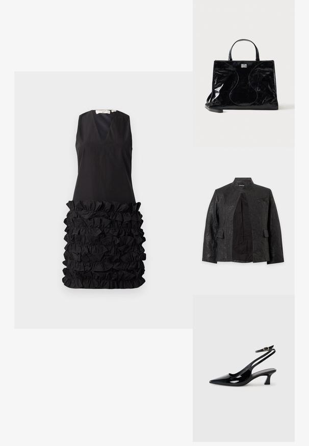 Veste en cuir noire texturée avec col band, poches avant à rabat et devant partiellement ouvert montrant la doublure intérieure.; Robe noire sans manches avec un décolleté en V et un design à fronces au niveau de la taille, avec un haut lisse contrastant et un bas texturé.; Escarpins à brides arrière en cuir verni noir, à bout pointu, avec un petit talon carré et une sangle de cheville ajustable dotée d'une boucle dorée.; Sac à main en cuir noir brillant avec poignées courtes, bandoulière amovible et détails de couture discrètement courbés à l’avant.