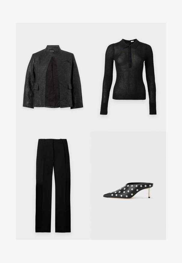 Veste en cuir noire texturée avec col band, poches avant à rabat et devant partiellement ouvert montrant la doublure intérieure.; Haut en tricot noir à manches longues, ajusté, avec une texture transparente et un col uni, patte de boutonnage à l'avant, présenté sur un fond uni.; Pantalon noir sur mesure avec une texture lisse, coupe droite et plis à l'avant. Comprend une ceinture plate sans quincaillerie visible.; STAND STUDIO KELSEY - Mules à talons - black