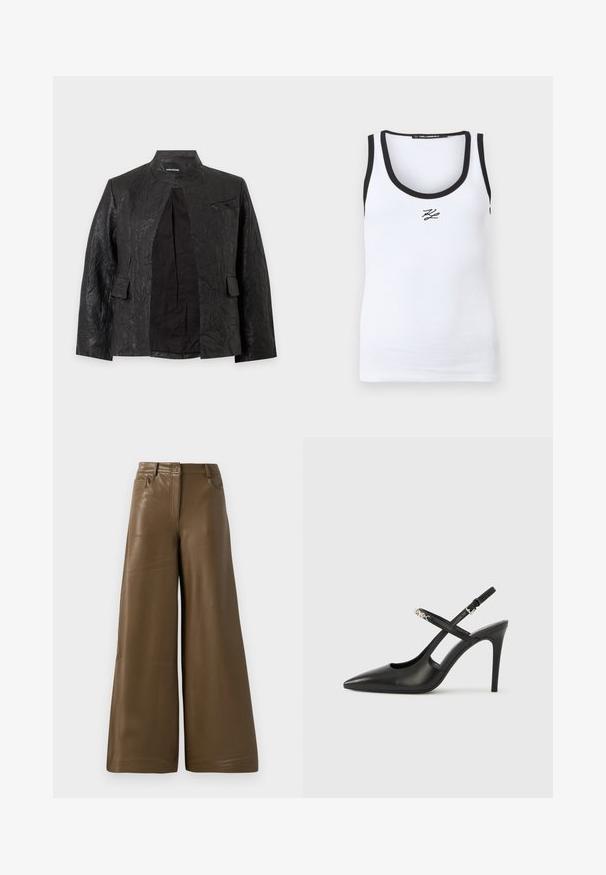 Chaqueta de cuero negra con textura, con cuello tipo band, bolsillos delanteros con solapa y un frontal parcialmente abierto que muestra el forro interior.; Camiseta sin mangas blanca acanalada con ribete negro en el escote y las sisas, con un pequeño logo negro "KL" centrado debajo del escote.; Pantalones de pierna ancha hechos de suave cuero sintético marrón. Presentan una cintura alta, cuatro bolsillos y una cremallera frontal. Textura lisa y diseño minimalista.; Tacones altos slingback de cuero negro con punta afilada, diseño con recortes y correa ajustable con herrajes metálicos.
