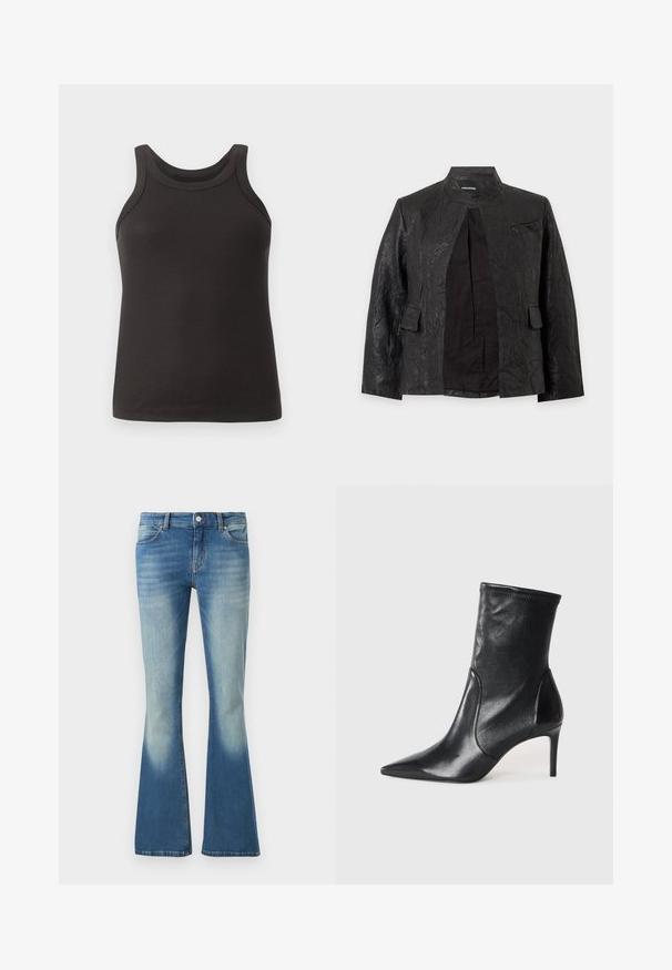 Schwarze, strukturierte Lederjacke mit Stehkragen, vorderen Klappentaschen und teilweise offenem Vorderteil, das das Innenfutter zeigt.; Schwarzes, geripptes Tanktop mit rundem Ausschnitt und breiten Trägern. Hergestellt aus einem weichen, elastischen Stoff und mit einer figurbetonten Passform.; Ausgestellte blaue Jeans mit hellem Waschungseffekt, zwei Vorder Taschen und einem einzelnen Metallknopfverschluss. Der Stoff hat eine leichte Dehnbarkeit.; Schwarze Stiefeletten aus glattem Leder, mit einer spitzen Zehe, schmalem Schaft und schlanker, hoher Ferse. Minimalistisches Design ohne sichtbare Beschläge.