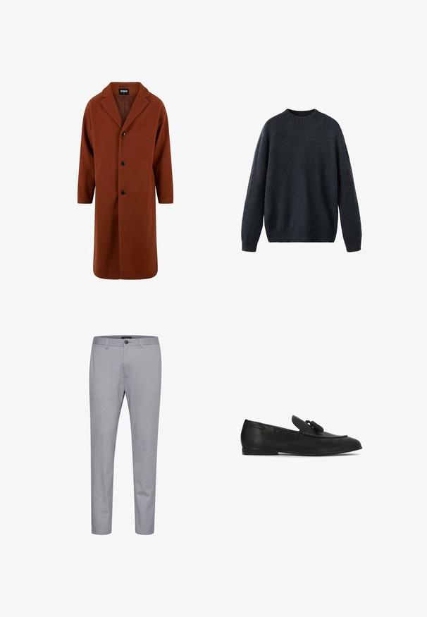 Urban Classics LONG - Klassischer Mantel - foxbrown; Dunkelblauer Strickpullover mit rundem Ausschnitt, langen Ärmeln und geripptem Saum. Der Stoff wirkt weich und strukturiert und zeigt ein klassisches Design.; Grau gemusterte Hose aus Stoff mit glatter Textur. Verfügt über einen Knopfverschluss und ein schmal zulaufendes Design.; Schwarze Leder-Loafers mit abgerundeter Spitze, ausgestattet mit einem dekorativen Quasten-Detail und feiner Naht entlang der Seite. Glatte Textur und Schlupfdesign.