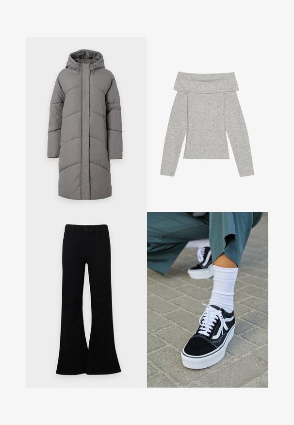 Grå, lang pufferjakke med hætte, der har et quiltet design og synlige syninger. Materialet ser blødt og polstret ud.; Grå ribbet off-shoulder sweater med lange ærmer og bred halsudskæring. Fremstillet af blødt strikmateriale med en tætsiddende pasform.; Sorte flared jeans lavet af denim, med en knaplukning og en fem-lomme design samt en glat tekstur. Markant flared kant.; Sorte ruskinds sneakers med hvide accenter og snørebånd, der har en tyk hvid sål og kontrasterende syninger, parret med en hvid sok.