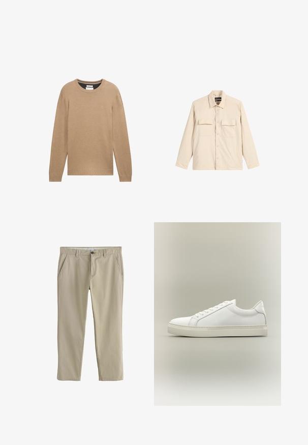 Chemise beige à manches longues en tissu doux avec un col à revers, deux poches poitrine et une fermeture à boutons. Présente une coupe décontractée.; Pull en tricot beige avec un col rond, des manches longues et des poignets et un ourlet côtelés. Présente un petit logo sur la poitrine.; Pantalon beige à jambes droites avec poches latérales, passants pour ceinture et fermeture à bouton à la taille.; Baskets blanches basses à lacets sur l’avant et semelle épaisse, vues de côté sur un fond neutre.