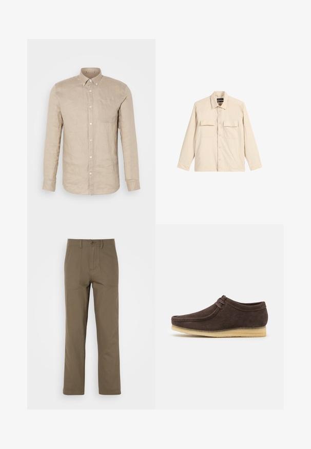 Beige langärmliges Hemd aus weichem Stoff mit Kragen, zwei Brusttaschen und Knopfverschluss. Hat ein lässiges Design mit lockerem Schnitt.; Beige Leinen-Hemd mit langen Ärmeln, einer Brusttasche und weißen Knöpfen. Glatte Textur, lockere Passform und spitzer Kragen.; Khakifarbene Baumwollhose mit geradem Beinschnitt, ausgestattet mit zwei vorderen Taschen, einem Knopfverschluss und einer glatten Textur.; Braune Wildlederschuhe mit glatter Oberfläche, runder Zehenform und minimalistischem Design. Verfügt über eine hellfarbene Gummisohle und kontrastierende Schnürdetails.