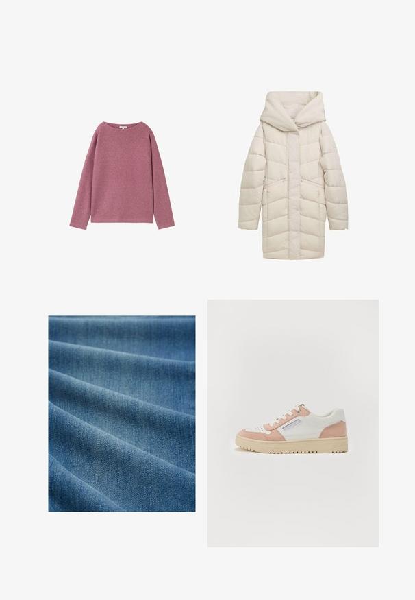 Puffet beige frakke med stor hætte, diagonalt quiltet mønster, to frontlommer og lynlås i midten foran. Glat tekstur.; Langærmet, løstsiddende sweater i et blødt pink strikmateriale. Rund halsudskæring og sænkede skuldre med en struktureret overflade.; Denimstof med en glat overflade; mellemblå farve med subtile variationer. Har en diagonal vævemønster og en let glans fra stoffinishen.; Hvide og lyserøde sneakers i glat læder og ruskind, rund tå, flad sål og tonale snørebånd. Har sidebranding-detalje.