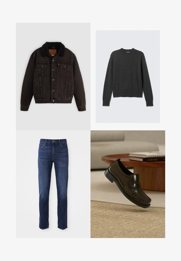 Veste en denim noire avec un col en sherpa, poches avant et boutons en métal. Présente un design classique et un matériau texturé.; Pull en tricot gris foncé avec un col rond, des poignets et un ourlet côtelés. Le tissu a une texture lisse et présente un design à coupe décontractée.; Jean en denim bleu foncé avec une coupe droite, comprenant un design classique à cinq poches et un fermoir à bouton en métal. Détails de décoloration subtils sur le tissu.; Mocassin en cuir noir à enfiler flottant au-dessus d'un tapis beige tissé avec une table basse en bois et des livres en arrière-plan.