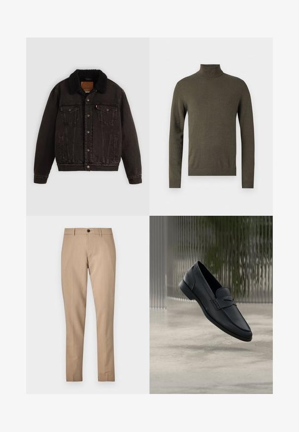 Mustha denim jope, mille on sherpa vooder kaeluses, ees taskud ja metallnupud. Omab klassikalist disaini ja tekstureeritud materjali.; Olivroheline kõrge kaelusega kampsun pehmest ja tekstuurilisest kudumist. Omab pikki varrukaid ning ribaga kaela- ja alumist äärt, keskendudes mugavusele ja sobivusele.; Beige kohandatud püksid siledast kangast, millel on nööpide sulgemine, vööaasad ja kitsas lõige otse jalgadega.; Mustast nahast jalanõu, sileda viimistlusega, terava ninaga ja vändas nähtava õmblusega. Madal konts ja minimalistlik disain.