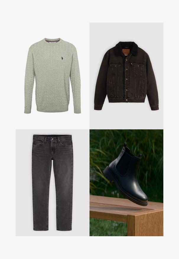 Sort denimjakke med sherpa-fór i kraven, forlommer og metalknapper. Har et klassisk design og struktureret materiale.; Lys grå strikket sweater med kabelmønster, rund halsudskæring og ribbede ærmer. Broderet logo på venstre bryst.; Sort denim jeans med lige ben, knap- og lynlåslukning, for- og baglommer samt bæltestropper.; Sort læder ankelstøvle med elastiske sidepaneler, der svæver over en træbænk, med grønne planter i baggrunden.