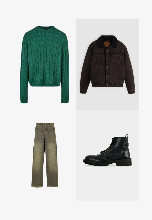 Chaqueta de mezclilla negra con cuello forrado en sherpa, bolsillos frontales y botones metálicos. Presenta un diseño clásico y un material texturizado.; Suéter verde de punto trenzado con cuello redondo y mangas largas. Presenta un diseño corto y un patrón texturizado en toda la prenda.; Jeans de pierna ancha en denim verde oliva, con acentos de costura curvada, cierre clásico de botón y un acabado desgastado.; Botín negro de cuero con cordones, suela gruesa y lengüeta en la parte trasera, mostrado de perfil sobre fondo blanco.