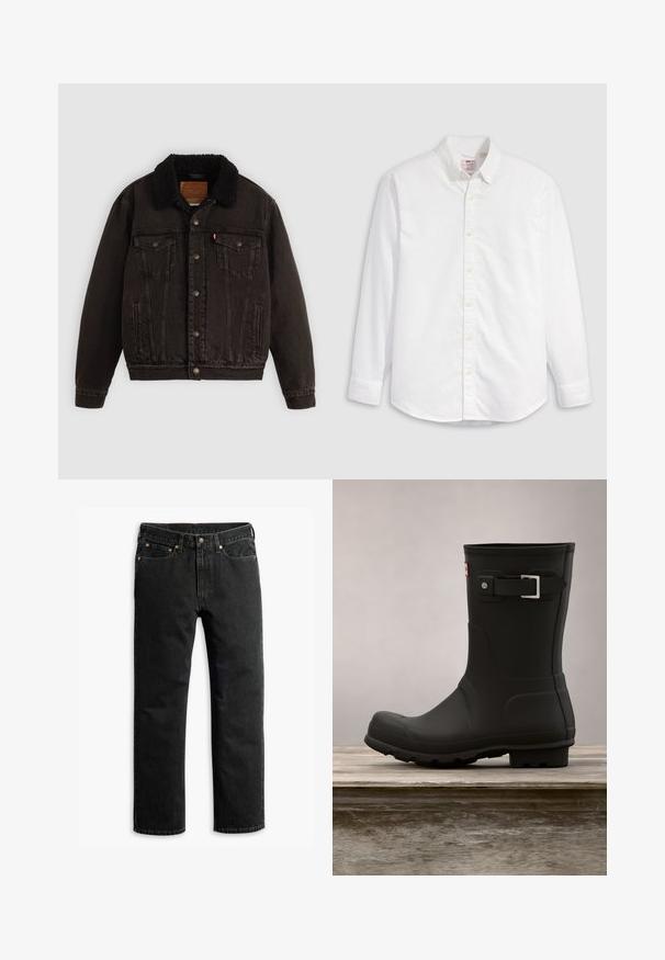 Sort denimjakke med sherpa-fór i kraven, forlommer og metalknapper. Har et klassisk design og struktureret materiale.; Hvid skjorte med knapper, lavet af bomuld, med lange ærmer, krave og en buet kant. Har gule knapper og diskret branding.; Sorte lige ben denim jeans med fem lommer, bæltestropper og en knaplukning i taljen, lagt fladt på en hvid baggrund.; Sorte gummistøvler med lav hæl, rund tå og en sølv spændeaccent. Har en tekstureret sål for godt fodfæste.