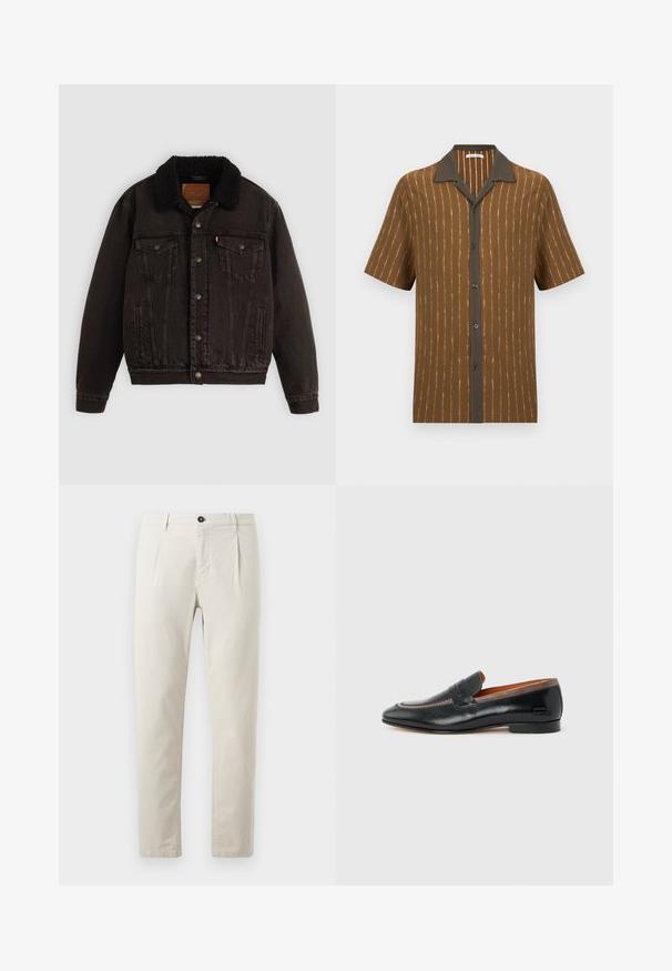 Mustha denim jope, mille on sherpa vooder kaeluses, ees taskud ja metallnupud. Omab klassikalist disaini ja tekstureeritud materjali.; Lühikeste varrukatega pruun särk, valgete vertikaalsete triipudega, tumepruun krae ja nööpide kattega, esitletud ühevärvsel taustal.; Beige puuvillased püksid sirge jala disainiga, millel on üks must nööp-kinnitus ja kaks esimest taskut. Sile tekstuur.; Mustast nahast meeste mokasiiin pruunide ääristega, tikkimismustriga ja madala kontsaga, lihtsa heleda tausta ees.
