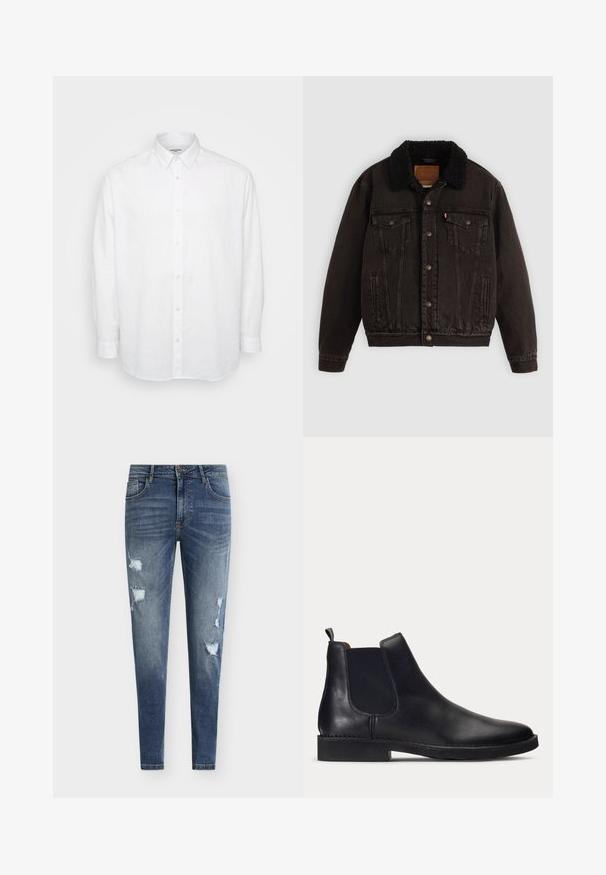 Veste en denim noire avec un col en sherpa, poches avant et boutons en métal. Présente un design classique et un matériau texturé.; Chemise blanche à manches longues en lin léger, avec un col à bouton, des boutons sur le devant et une coupe décontractée avec des manches à poignet.; Jean en denim bleu coupe skinny avec détails usés, multiples déchirures et effet délavé. Comprend une conception à cinq poches et des passants pour ceinture.; Botte Chelsea en cuir noir avec un panneau latéral élastique et un onglet de tirage sur une semelle plate, montrée en profil latéral sur fond blanc.