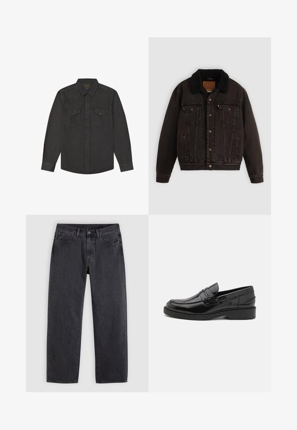 Veste en denim noire avec un col en sherpa, poches avant et boutons en métal. Présente un design classique et un matériau texturé.; Chemise à manches longues gris foncé avec col pointu, deux poches avant à rabat avec boutons et détails de coutures visibles.; Jeans noirs à rayures verticales avec une coupe droite, fabriqués en denim, dotés d'une fermeture à boutons à l'avant et de cinq poches.; Mocassins en cuir noir avec une finition lisse, un bout rond, un petit talon et descoutures décoratives à l'avant. Semelle en caoutchouc pour l'adhérence.