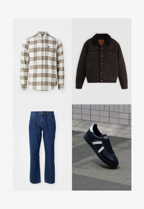 Chaqueta de mezclilla negra con cuello forrado en sherpa, bolsillos frontales y botones metálicos. Presenta un diseño clásico y un material texturizado.; Lee CLEAN WESTERN - Camisa - ecru ochre plaid; Jeans de mezclilla oscuros de pierna recta con bolsillos delanteros y traseros, pasadores para cinturón y un cierre de botón en la cintura.; Zapatilla de cuero negra con rayas blancas, suela de goma texturizada y parte frontal con cordones. Cuenta con una etiqueta de marca en la lengüeta.